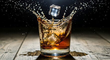 Ice cube falling into a glass of whiskey creating a splash effect