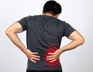 Aching back man holding lower back, marked pain