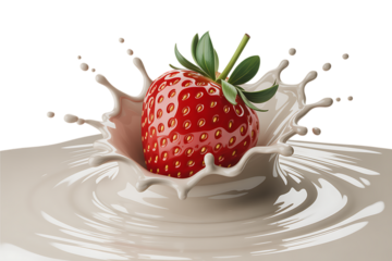 Juicy red strawberry splashing into creamy white liquid isolated on transparent background2