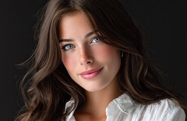 a portrait of an attractive young woman with long brown hair, wearing a white blouse and makeup