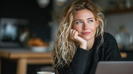Young Caucasian woman with curly blonde hair sitting at a table, resting her chin on her hand, looking thoughtfully at a laptop in a cozy indoor setting.
