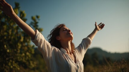 A young Caucasian woman with brown hair stands outdoors with arms outstretched. She is enjoying nature in a sunny landscape with mountains in the background.