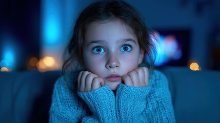 A young Caucasian girl with brown hair sits on a couch, looking surprised. She wears a cozy gray sweater and has wide blue eyes. The room is dimly lit with blue tones.