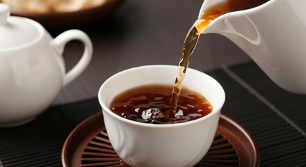 Steaming hot amber tea is poured into a white ceramic cup