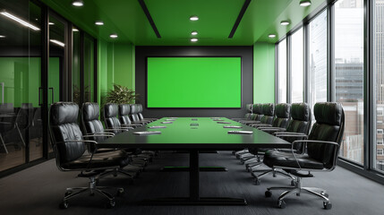 Bright Glass Conference Room with Green Wall and Screen
