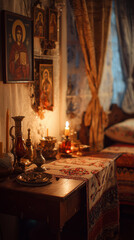 Orthodox Prayer Corner with Candles and Religious Icons