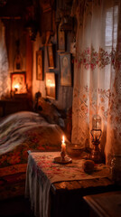 Traditional Eastern European Room Decorated with Candles and Embroidered Cloth