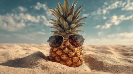 a funny photo of a pineapple with sunglasses lying on a sandy beach no logos no brands ar 169