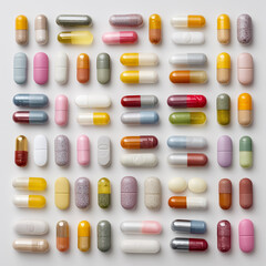 Assorted Color Capsules Arranged in Multiple Rows on White Background