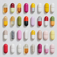 Colorful Capsules Arranged in Vertical Grid on White Background