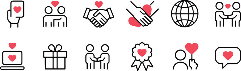 icon, love, heart, care, donation, charity, relationship, handshake, globe, people, couple, gift, laptop, computer, award, ribbon, speech bubble, message, symbol, graphic, design, illustration, simple