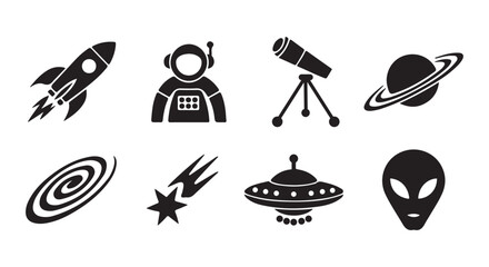 Black Silhouette Icons of Space Exploration — Rocket, Astronaut, Planet