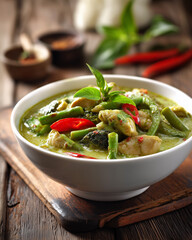 Thai Green Curry with Chicken in White Bowl Garnished with Chili and Basil