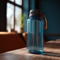 Blue Transparent Water Bottle on Wooden Table in Natural Light