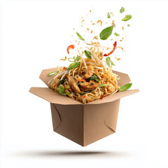 Pad Thai Takeaway Flying with Chili and Basil Leaves