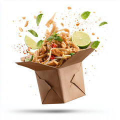 Flying Pad Thai with Lime and Herbs Splash on White Background