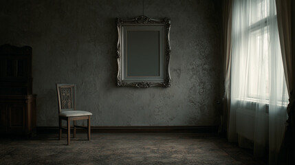 Vintage Room with Wooden Chair and Empty Frame