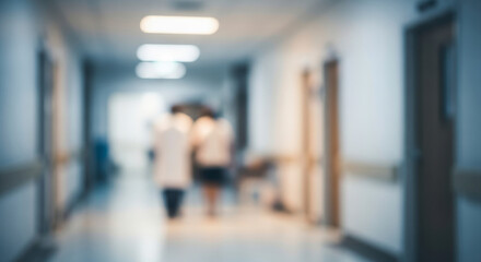Blurred perspective of hospital hallway with medical personnel walking