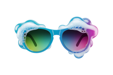 Melting rainbow gradient heart shaped sunglasses with colorful foam isolated on transparent background