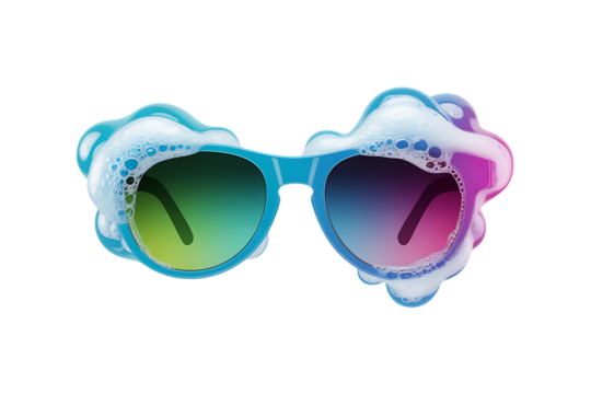 Melting rainbow gradient heart shaped sunglasses with colorful foam isolated on transparent background