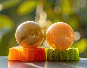Two spheres atop colorful, translucent, blocky stands