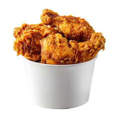 Crispy fried chicken pieces in a white paper bucket, golden-brown, showing texture and appetizing gleam