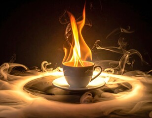 Flaming cup on saucer, smoke swirls in dark, moody setup