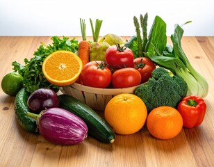 Basket of colorful, fresh produce on a wooden surface