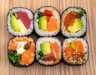 Sushi rolls on wooden table; assorted fillings, rice, seaweed