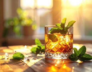 Iced drink with mint on rustic table, backlit by sunlight