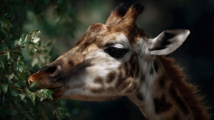 A close up portrait of a giraffe eating leaves from a tree with dramatic lighting and soft focus