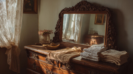 Antique Carved Mirror with Folded Linens and Vintage Decor in Warm Light