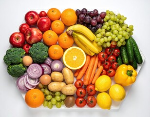 Array of colorful fruit and vegetables on white hexagon plate