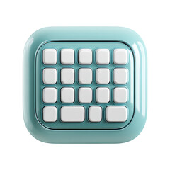 A teal, rounded-square device with a 5x4 grid of blank white buttons