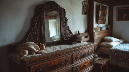 Antique Wooden Dresser with Carved Mirror and Vintage Decor