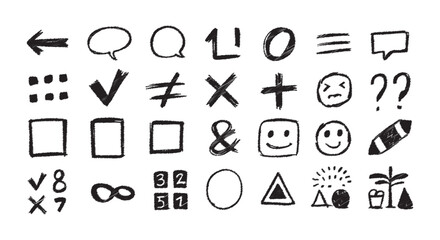 Sketch-Style Icons of Arrows, Emoticons, Math Symbols, and Communication Elements