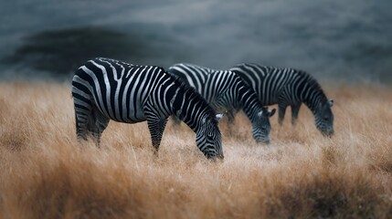Obraz premium Three zebras grazing peacefully in a dry golden savannah field their distinctive black and white stripes stark against the natural landscape