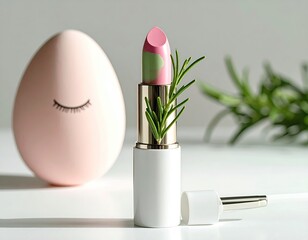 Lipstick with rosemary, pink egg with lashes, soft light