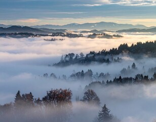 Hills rise over valley filled with clouds at sunrise