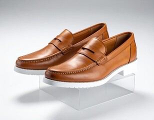 Leather penny loafers, brown, with white soles, on display