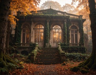 Aged, ivy-covered building amidst a golden autumn forest