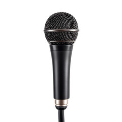 Black dynamic microphone, metallic accents, isolated on black background
