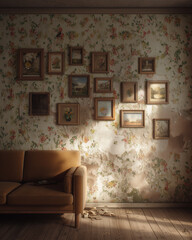 Vintage Wall with Floral Wallpaper, Picture Frames, and Brown Sofa