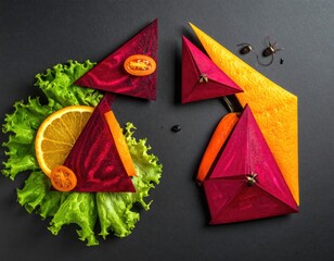 Geometric fruits/veggies arrangement on black