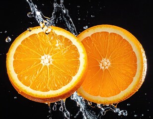 Orange halves splashed with water on a black background