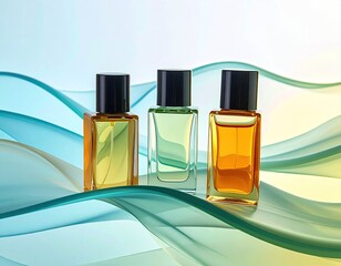 Three perfume bottles on abstract teal/gold swirls