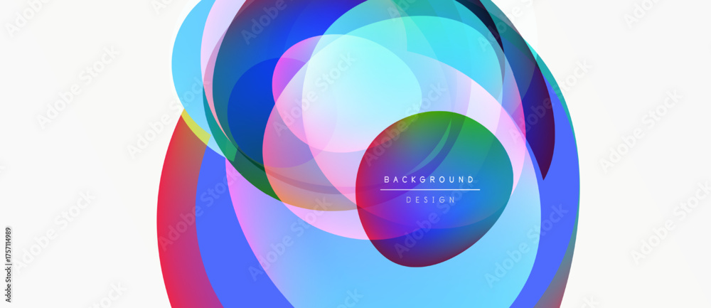 Poster abstract colorful layers create dynamic visual effect. smooth gradients blend, forming circular shap