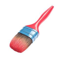 A red-handled paintbrush with a slightly splayed, reddish-brown bristle head, angled diagonally, set against a black background