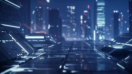 Dark futuristic night city street with neon light glow. Cyberpunk metropolis landscape with modern architecture motion graphics footage. - Powered by Adobe