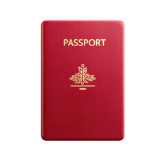 A dark-red passport cover, featuring gold lettering "PASSPORT" and a stylized gold emblem